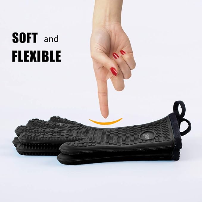 Kitchen Oven Gloves - Dual-Layer Heat Resistant Grilling Gloves, Silicone Oven Mitts with 5 Fingers, Waterproof Non-Slip Pot Holder for Barbecue, Cooking, Baking (Black)