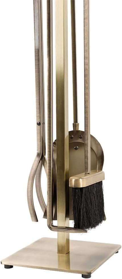 Modern Ember Harriet 5 Piece Fireplace Tool Set in Aged Brass | Includes Brush, Shovel, Fire Poker, Tongs, and Stand | Heavy-Duty Steel | Heat-Resistant Powder Coating Finish