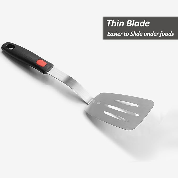 Stainless Steel Spatula, Flexible Metal Slotted Turner for Cast Iron Skillet, Thin Blade and Heat Resistant Silicone Handle, Great for Egg, Cookie, Meat, Crep, Medium