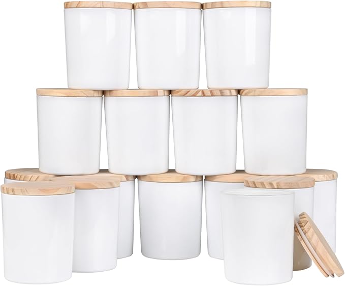 Thick Candle Jars for Making Candles 16 Pcs, 7 OZ Empty Jars with Wood Lids for Candle Making, Sample Container, Light White