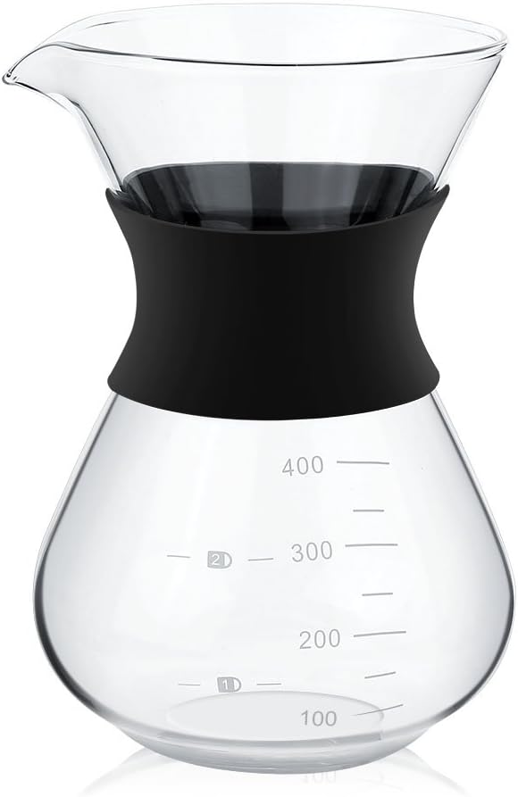 Zopsc 400ml Manual Hand Drip Glass Coffee Maker Pot with Stainless Steel Filter, Marks, Fine Mesh, Suitable for Kitchen, Dining Table, Easy to