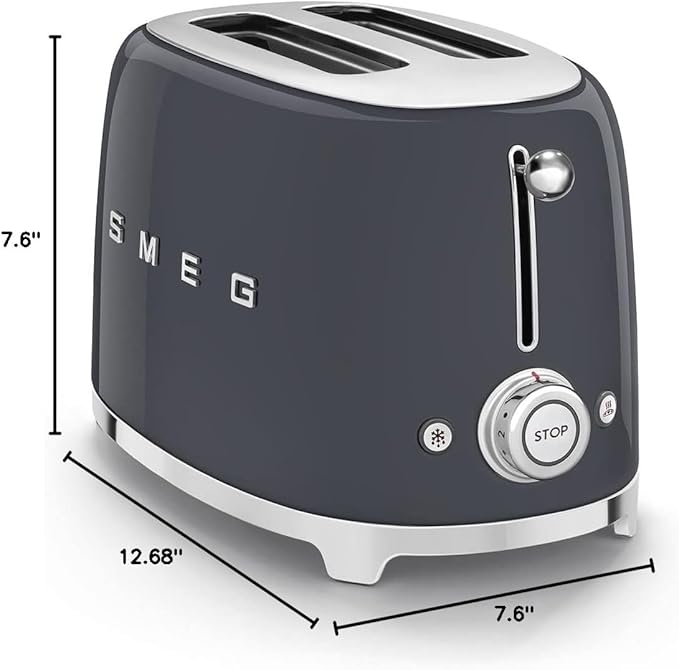 Smeg 50's Style Retro Aesthetic 2 Slice Toaster 6 Presets Extra Wide Slots Grey, TSF01GRUS