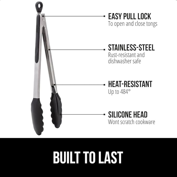 GORILLA GRIP Stainless Steel Heat Resistant Kitchen Tongs for Cooking, 7 + 12 Inch Set of 2 BBQ Tong, Non Scratch Silicone Tip for Pan, Strong Grip, Grab Food, Toss Salad, Air Fryer, Pull Lock, Black