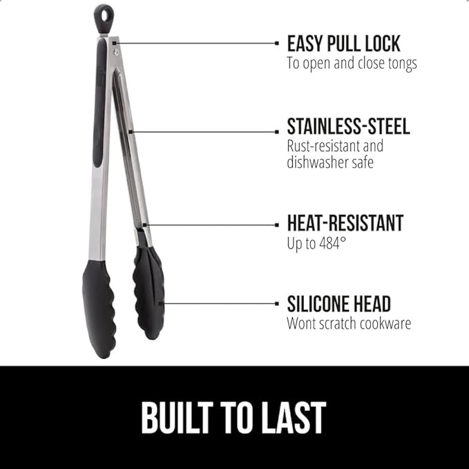 GORILLA GRIP Stainless Steel Heat Resistant Kitchen Tongs for Cooking, 12 + 14 Inch Set of 2 BBQ Tong, Non Scratch Silicone Tip for Pan, Strong Grip, Grab Food, Toss Salad, Air Fryer, Pull Lock, Black