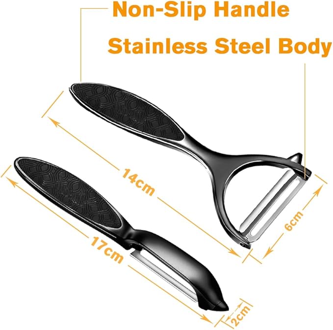 Vegetable Peeler, Potato Peelers for Kitchen Stainless Steel Multi-function Set Fruit Peeler For Kitchen and Household Tools Y & I Shape Swivel Blades with 2 Orange Citrus Peelers(Black)