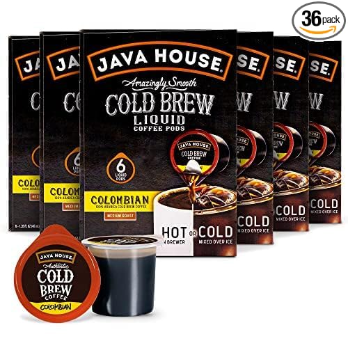 JAVA HOUSE Medium Roast Colombian Cold Brew Pods, (36 Count) Peel and Pour Pods Hot or Iced Instant Coffee Concentrate
