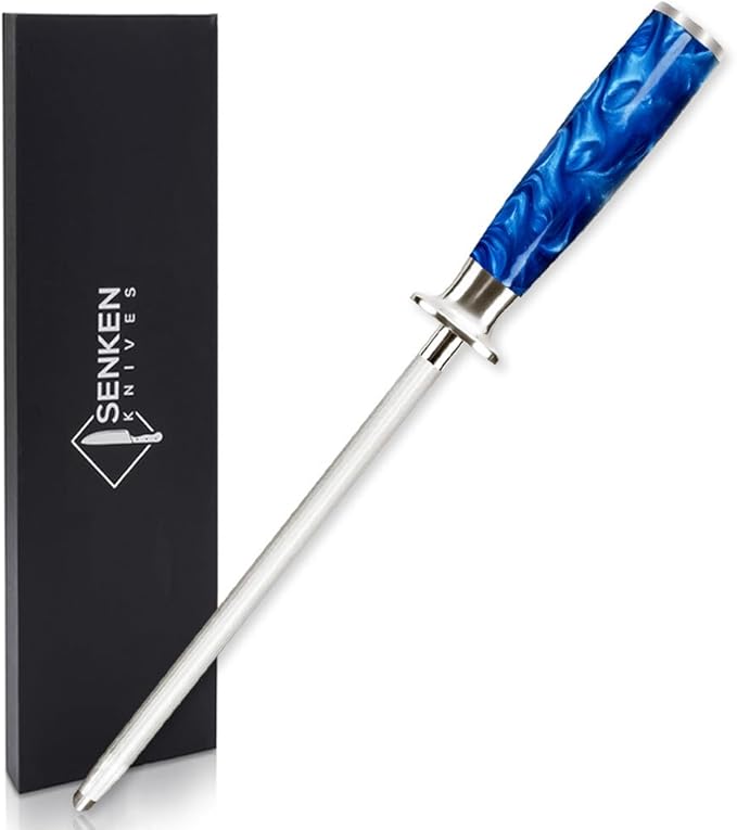 SENKEN Professional Knife Sharpening Steel with Blue Resin Handle - High Carbon Stainless Steel Rod for Sharpening & Honing Knives (Blue Resin)