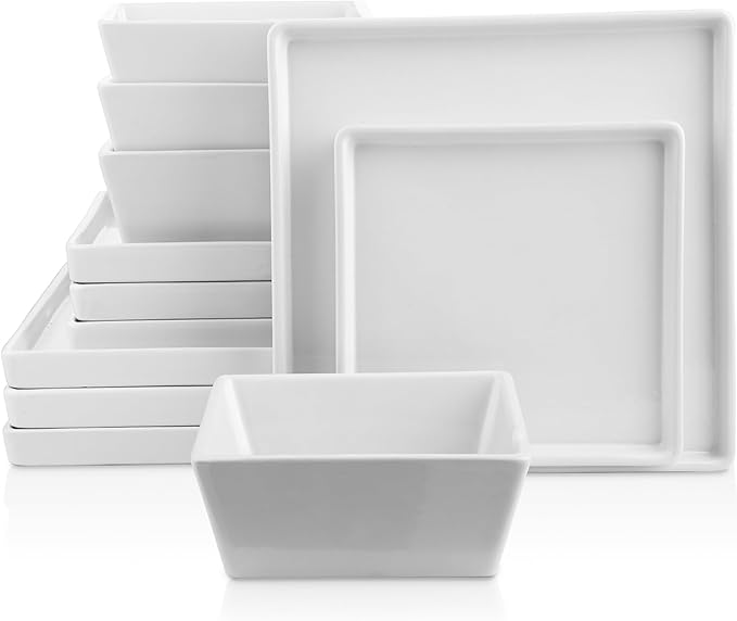 Stone Lain Grace Square Stoneware Dinnerware Set, 12 Piece Service For 4, Plates and Bowls Dish Set, White