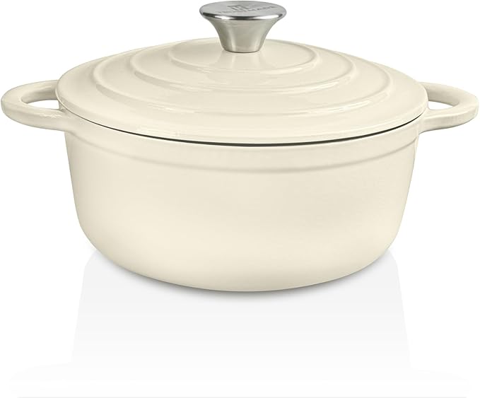Trustmade 4.5 QT Cast Iron Dutch Oven, Enamel Coated Cookware Pot with Self Basting Lid for Home Baking, Braiser, Cooking, White