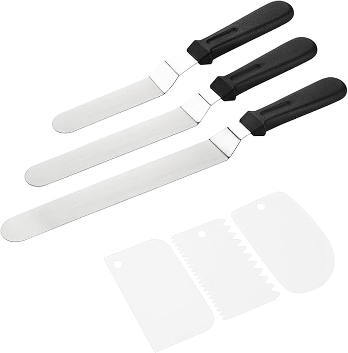 Icing Spatula, Cake Spatula, Frosting Spatula Set - 6", 8", 10" Stainless Steel Offset Spatulas with Non-Slip Handle & 3 Cake Scrapers, Angled Baking Decorating Tools