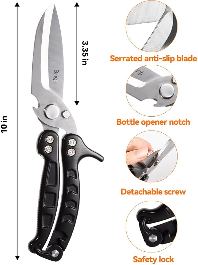 Brigii Kitchen Shear, Stainless Steel Heavy Duty Poultry Shears, Multi-Purpose Kitchen Scissors for Cutting Chicken, Fish, Seafood, and Vegetables-Black