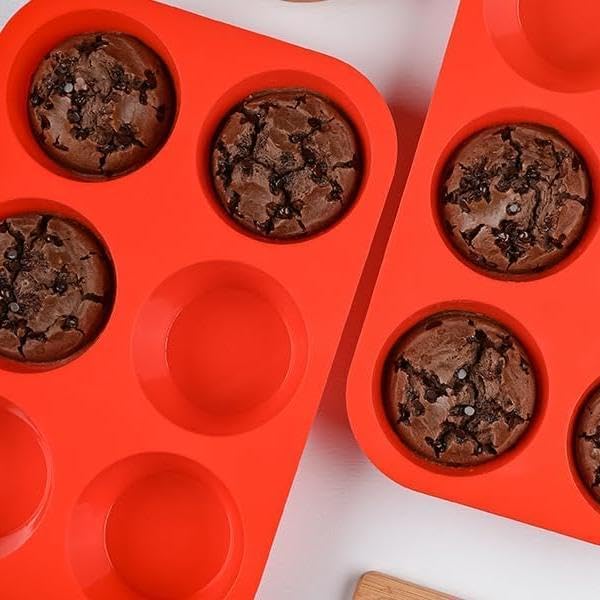 Silicone Jumbo Muffin Pan, 3.5 Inch Silicone Texas Muffin Pan 6 Cup Large Cupcake Pan Nonstick BPA Free 2 Pack Red
