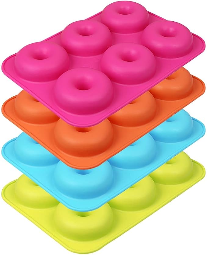 Newk Silicone Donut Pan, 6 Cavity Non-Stick Silicone Donut Mold for Donuts, Bagels - Set of 4, Blue+ Light Green+ Rose Red+ Orange