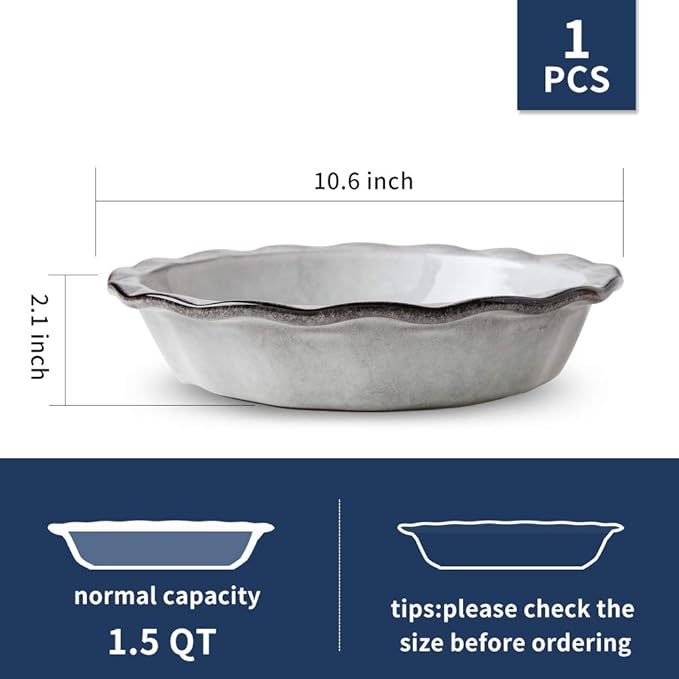 Ceramic Pie Pan, 9 Inches Pie Plate, Pie Dish for Dessert Kitchen, Round Baking Dish Pan for Dinner, Wrapping Upgrade, Reactive Glaze (Variable Grey)