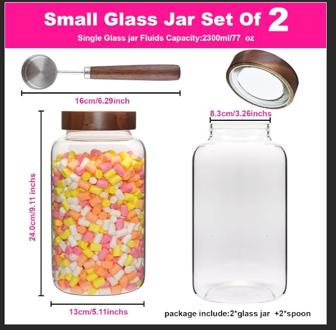 Glass Coffee Jars Spice Jar Round Storage Canister with Wooden Lid Clear Glass Food Jar for Pantry Sugar Tea Coffee Bean Spice Nuts Cookies Bath Salts (2300ml/77oz-2PACK(with spoon)