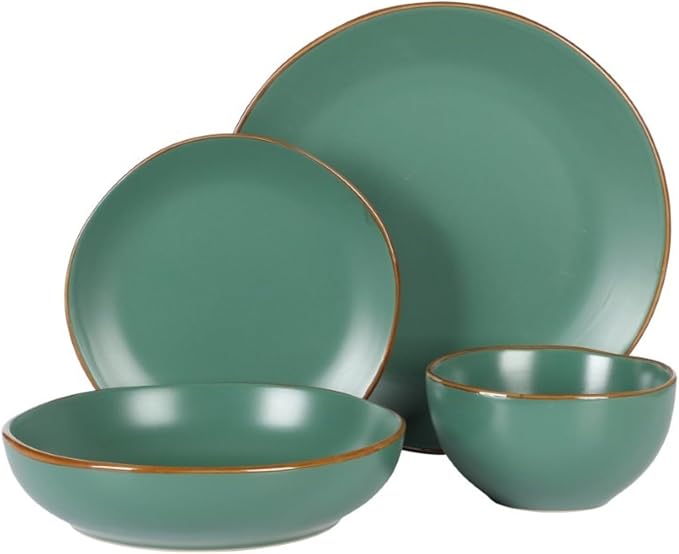 Gibson Home Hazeltine 16-Piece Green Stoneware Dinnerware Set – Plates and Bowls, Durable Ceramic Kitchen Dinner Set