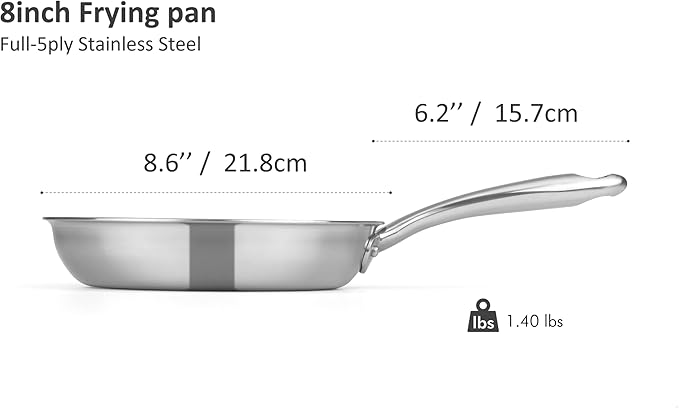 5-ply Stainless Steel Frying Pan 8inch, Full 5-Ply Clad Construction Professional Grade Pan, Brushed Finish, Induction Cooking Pan, Oven Safe, Dishwasher Safe