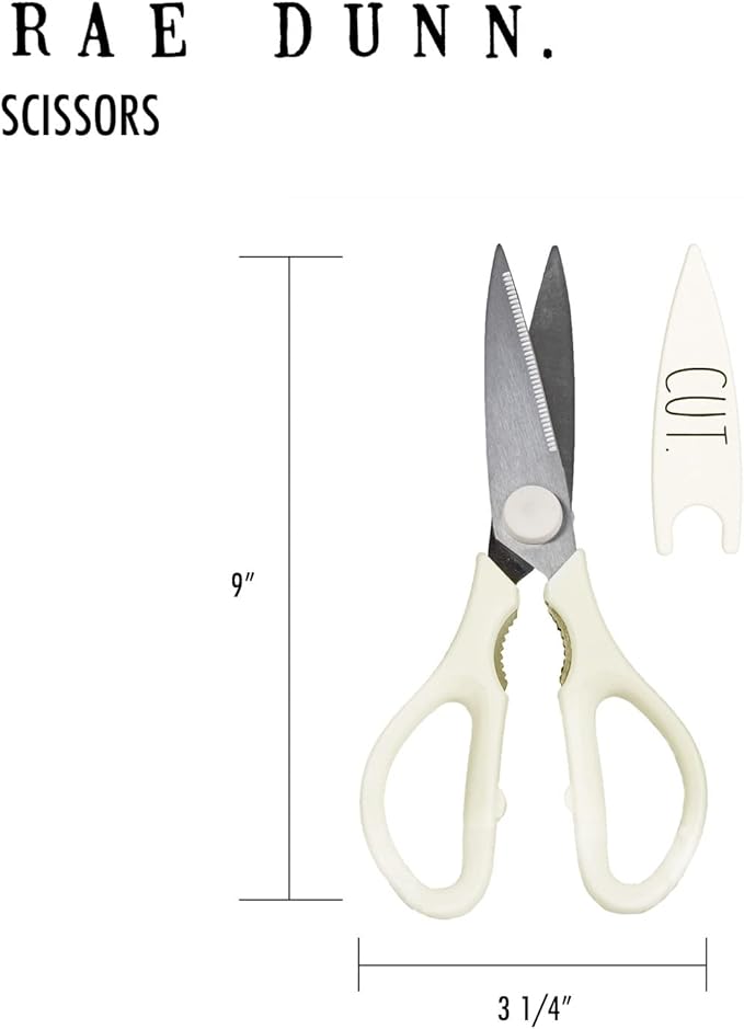 Rae Dunn Kitchen Scissors- Stainless Steel Kitchen Shears, Cooking Scissors for Cutting Meat, Chicken, Herbs and Produce with Blade Cover and Soft Grip Handles(White)