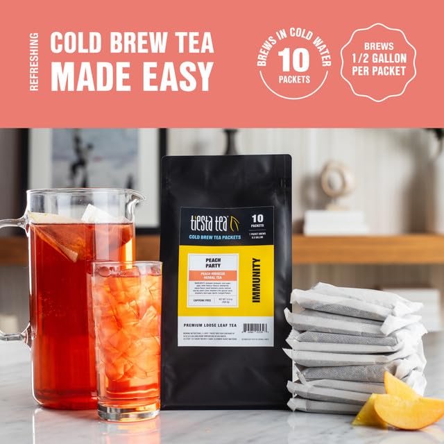 Tiesta Tea - Peach Party Cold Brew, Peach Hibiscus Herbal Tea, Premium Loose Leaf Blend, Non Caffeinated Cold Brew Packets, Makes 64 oz of Pitcher Per Bag (Pack of 10)