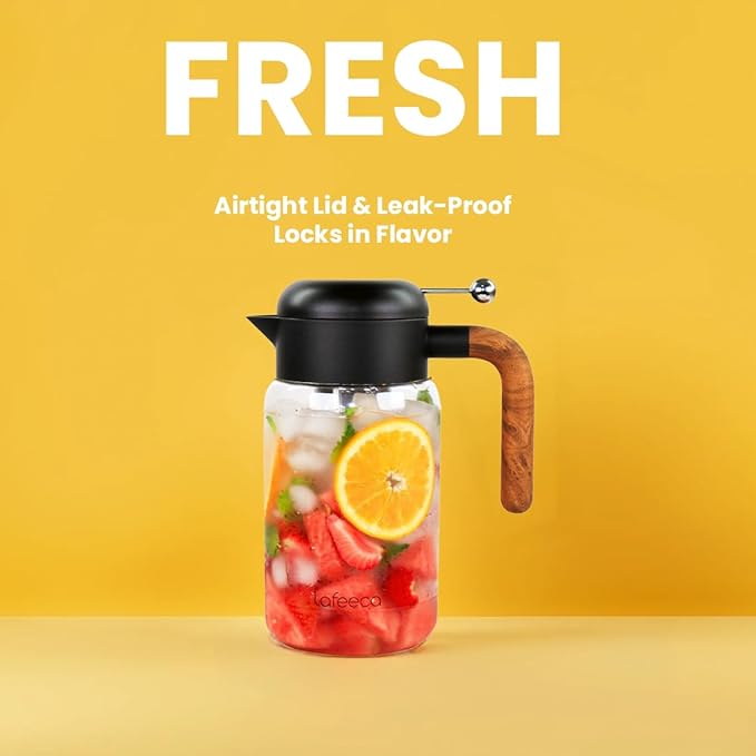 LAFEECA Iced Tea Maker and Infuser - Large Jug with Airtight Lid for Cold Brew - Stainless Dual Ultra Filter - Tritan Pitcher - 2000 ml / 68 oz - Black