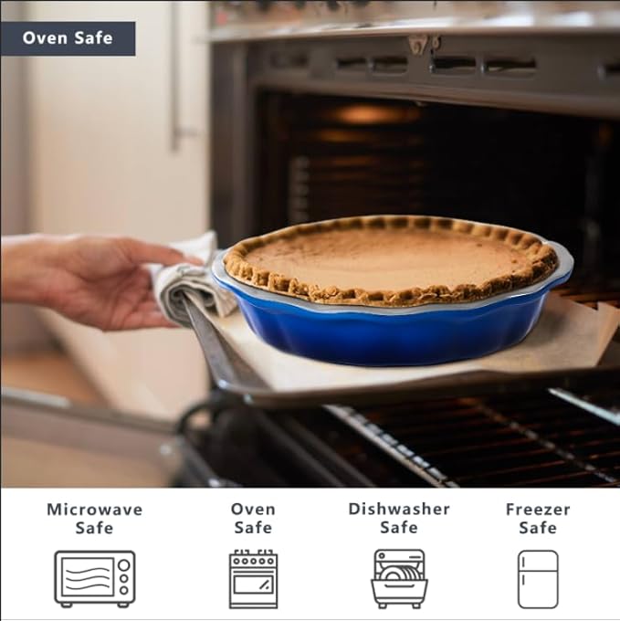 Lareina Ceramic 9 Inch Deep Dish Pie Pans, Set of 2, Blue, Non-Stick, Oven & Dishwasher Safe, Ideal for Baking Pies, Quiches, Cakes