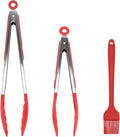 Kitchen Tongs, 2pcs Barbecue Tongs 10 inch & 12 inch with Silicone Tips, 1pc Brush Stainless Steel Cooking Tongs with Heat Resistant Handle for BBQ Serving, Grilling, Buffet, Dishwasher Safe (Red)