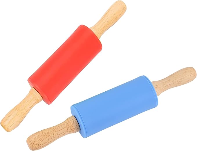 Mini Silicone Rolling Pin for Kids, Non-stick Surface Wood Handle, 9 Inch 2 Pack