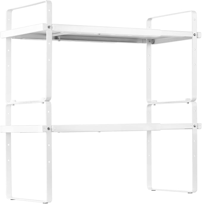 VEVOR Adjustable Kitchen Cabinet Shelf Organizer, Expandable 2 Tier Cabinet Shelf, Stackable Countertop Organizers and Storage Risers, Pantry for Kitchen Bathroom Office, White