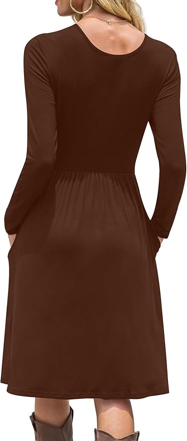 DB MOON Women Casual Long Sleeve Dresses Empire Waist Knee Length Loose Dress with Pockets