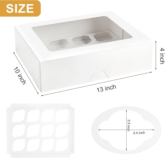 Kucoele 12 Count Cupcake Boxes, 12 Pack White Cupcake Containers with Windows and Inserts, Disposable Cupcake Carriers for Muffins, Treats, Pastries, 13 x 10 x 4 Inches