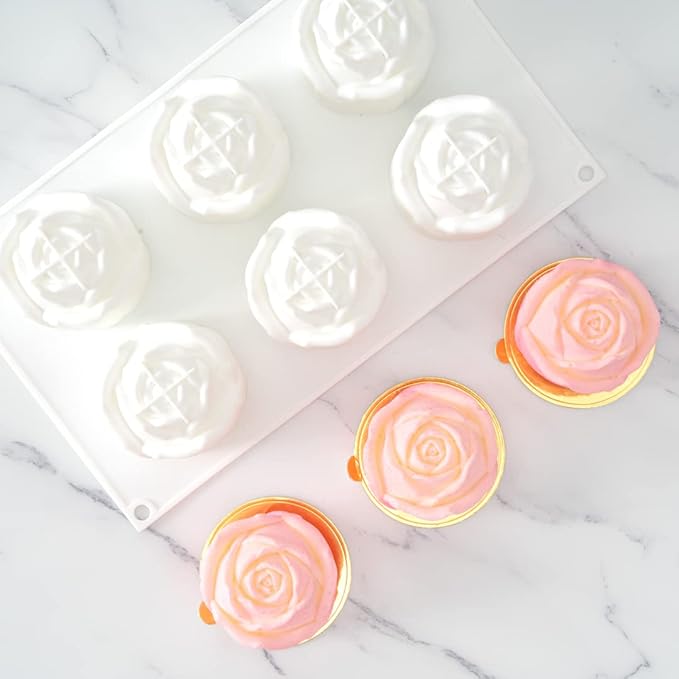 Pastry Tek 6 Cavities Rose Baking Molds, 10 Oven-Ready 3D Rose Molds - Flexible, Freezable, White Silicone Chocolate Molds, Easy Release, For Making Candies or Chocolates - Restaurantware