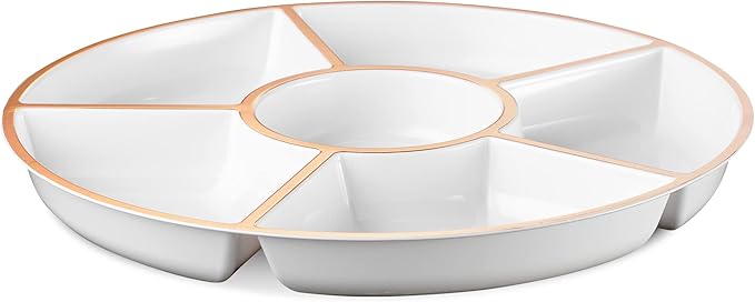 Plasticpro 6 Sectional Round Plastic Serving Tray/Platter (8, White & Rose Gold)