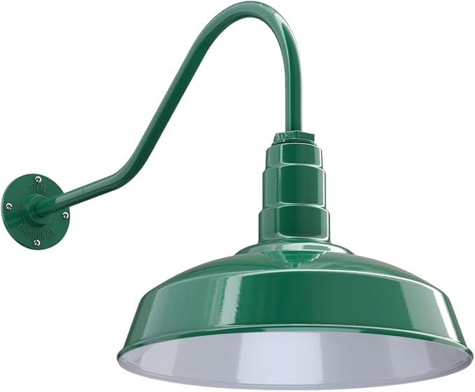 Steel Lighting Co. Gardena Barn Light | Outdoor Wall Mounted | 16" Dome | 23" Gooseneck | Farmhouse Light Made in America | Green Exterior/White Interior