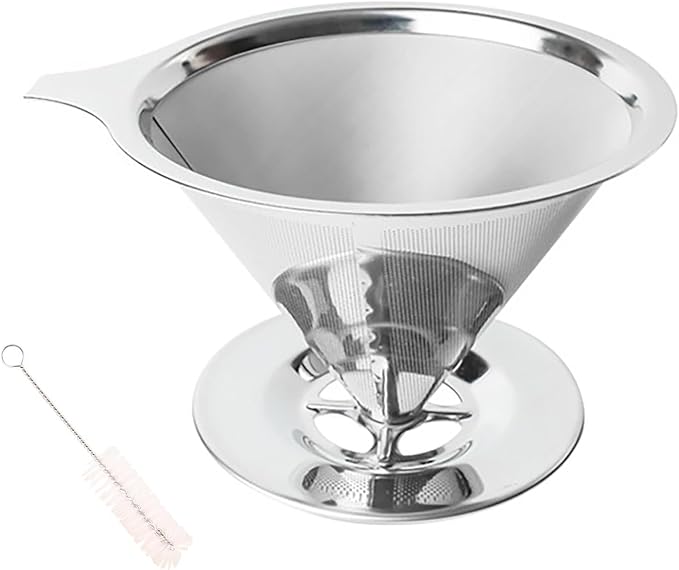 Pour Over Coffee Dripper Stainless Steel Coffee Filter Metal Cone Filter Extra Fine Wire Mesh Reusable Coffee Filter Coffee Maker (Silver, 1-4 Cups)