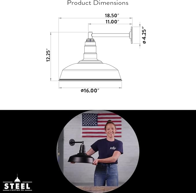 Steel Lighting Co. Gardena Barn Light | Outdoor Wall Mounted | 16" Dome | 11" Straight Arm | Farmhouse Light Made in America | White Exterior/White Interior