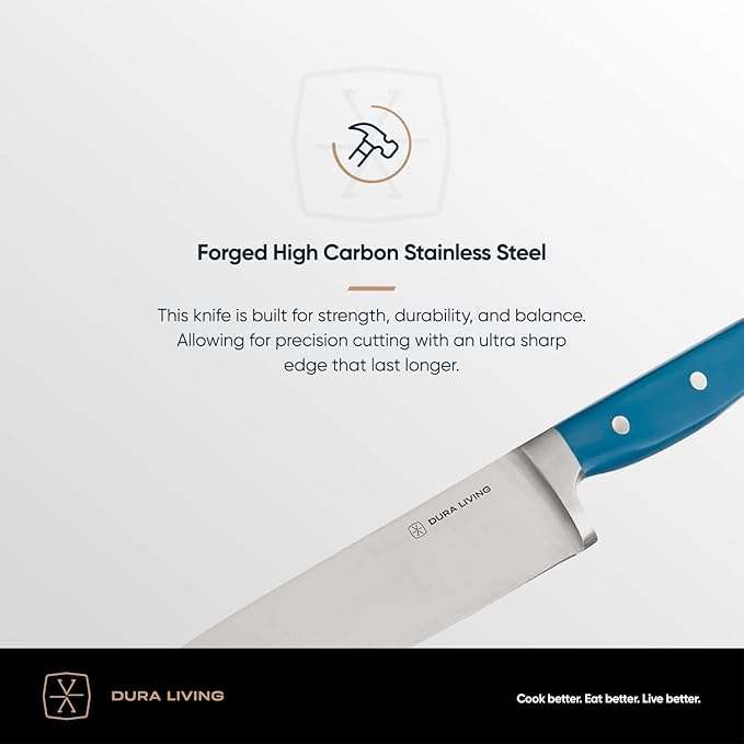 DURA LIVING Premium 8-Piece Steak Knife Set – Sharp Serrated Blades, Forged High Carbon Stainless Steel, Full Tang, Ergonomic Handle, Royal Blue – Ideal for Dining & Entertaining
