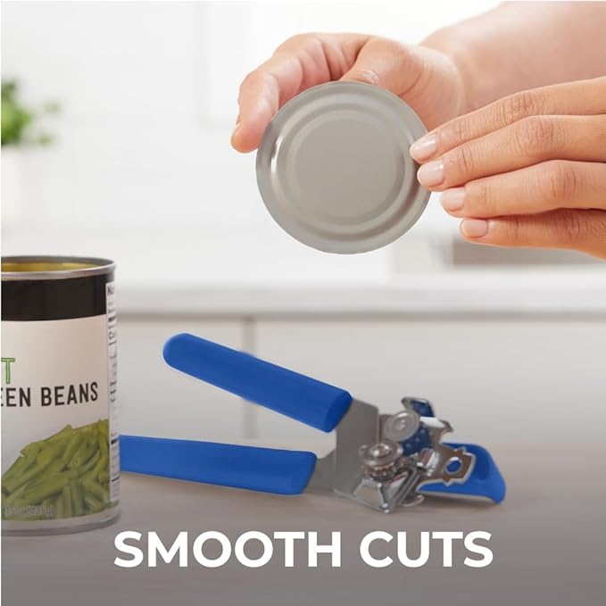 Kitchen Genie Slip Resistant Stainless Steel Manual Can Opener, Sharp Blade for Smooth Edge Cuts, Easily Open Cans, Ergonomic Handles with Easy to Turn Knob, Built-In Bottle Openers, Cobalt Blue