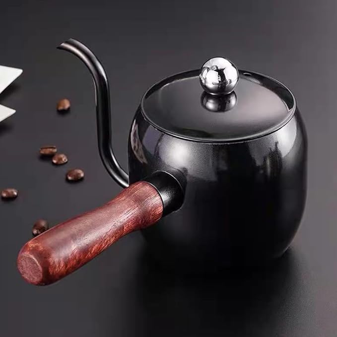 STOBOK 1Pc Japanese Style Gooseneck Coffee Kettle, 500ml Stainless Steel Drip Pot with Wooden Handle for Home, Office, Coffee Shop, Black