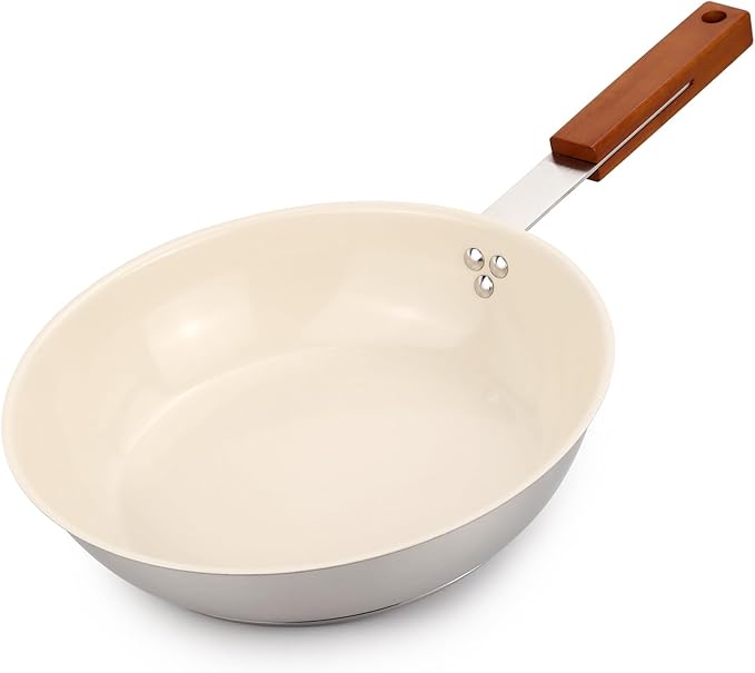 MARSKITOP 9.5" Stainless Steel Frying Pan Skillet with Healthy Ceramic Nonstick Coating and Wooden Handle - Non Toxic and PFAS Free - Compatible with All Cooktops