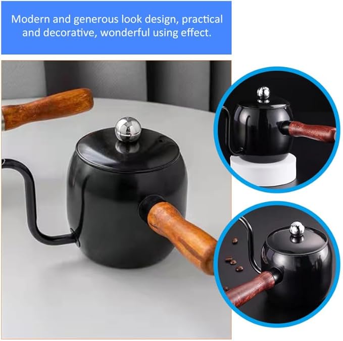 STOBOK 1Pc Japanese Style Gooseneck Coffee Kettle, 500ml Stainless Steel Drip Pot with Wooden Handle for Home, Office, Coffee Shop, Black