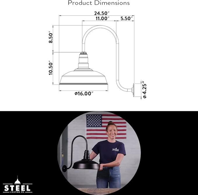 Steel Lighting Co. Gardena Barn Light | Outdoor Wall Mounted | 16" Dome | Upslope Gooseneck | Farmhouse Light Made in America | Red Exterior/White Interior