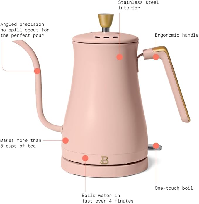 Beautiful 1L Electric Gooseneck Kettle, Precision Pour Spout, 1200W Fast Boil, Auto Shut-Off, Cordless, Stainless Steel, Tea & Coffee Maker with Ergonomic Handle, Matte Finish (Rose)