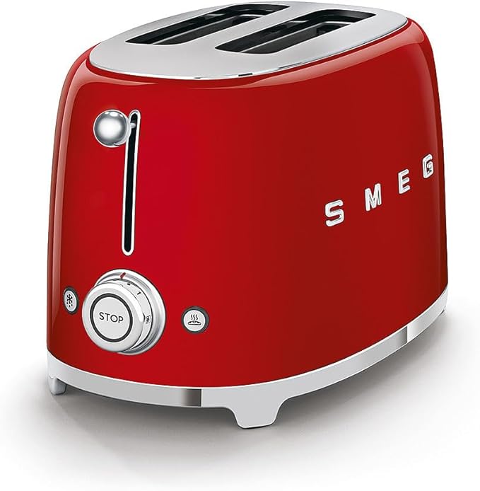 SMEG 2 Slice Toaster with 6 Presets and Defrost Function and Removable Crumb Tray TSF01RDUS, RED