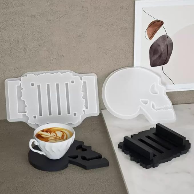 5 Pcs Skull Coaster Epoxy Resin Molds Silicone with Holder, Halloween Skull Coasters Molds Holder Set for Epoxy Resin, DIY Art Craft Cup Mats