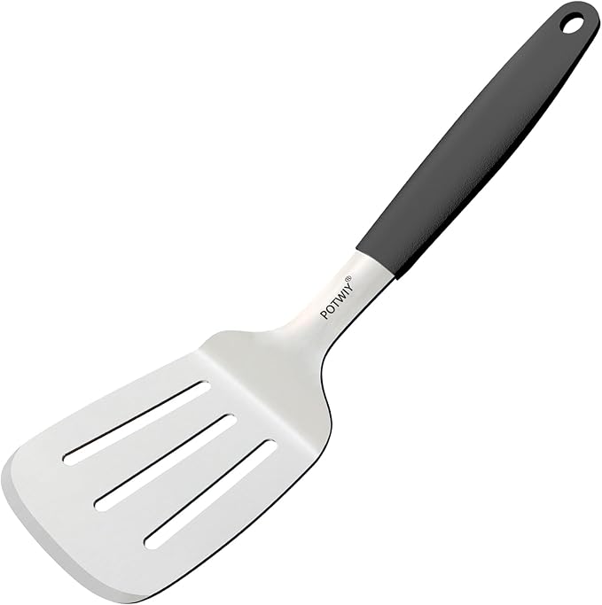 Slotted Spatula Stainless Steel, Large Metal Turner Spatula for Cast Iron Skillet and Flat Top Grills, Full Tang Silicone Handle, Heavy Duty Smash Burger & Egg Flipper, 4.6 x 3.7 In
