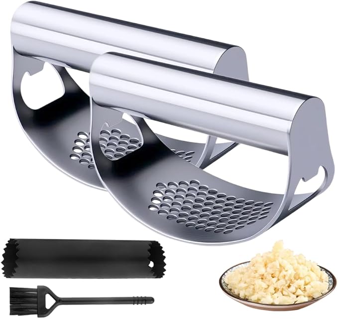 Stainless Steel Garlic Presser, Upgrade Rocker Crusher Masher with Garlic Peeling, 2026 New Portable Manual Stainless Steel Garlic Press for Home Kitchen Utensils (2)