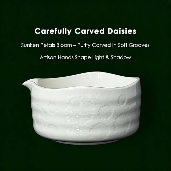 Matcha Set–7-Piece Set Including Matcha Bowl with Spout, Whisk, Chasen Holder, Sifter, Bamboo Scoop,Scoop Stand,wood spoon(Daisy White)–Perfect for Matcha Lovers&Tea Ceremonies