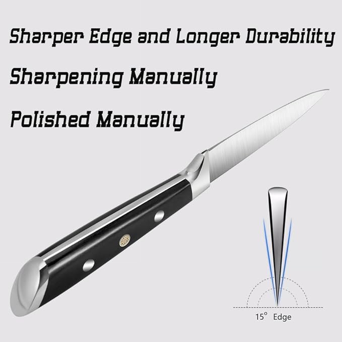 Paring Knife 3.5 inch Small Kitchen Knife Manual Sharpened 5Cr15Mov Stainless Steel Fruit Knife Full Tang with 3 Rivets in Ergonomic Pakkawood Handle