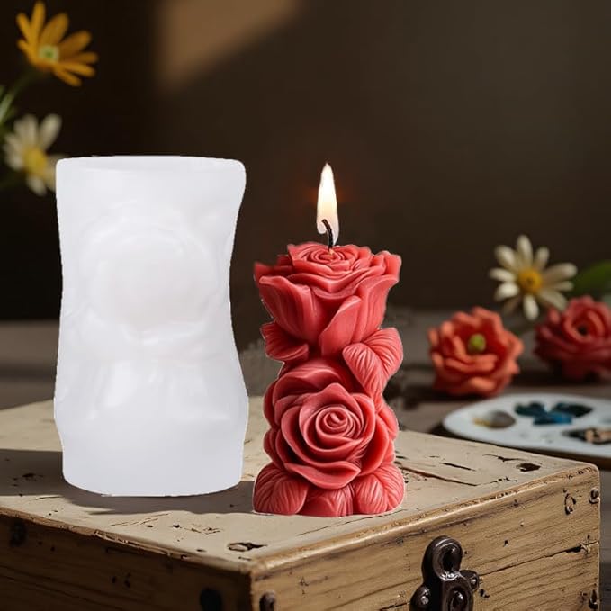 Floral Column Candle Mold with 50pcs Wax Core, Aroma Candle DIY Mold, Handmade Candle Making Supplies, Romantic Scented Candle Silicone Mold Valentine's Day, Personalized Romantic Crafts(A-Flower)