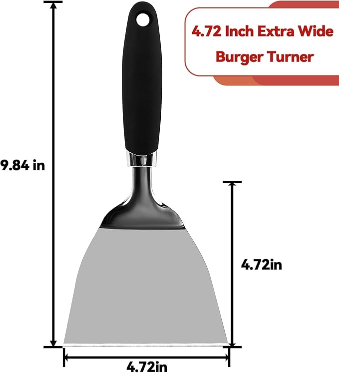 Professional Wide Turner 9.5 Inch Stainless Steel Spatula for Cast Iron, Griddle and Grill Cooking, Barbecue Hamburger Metal Kitchen Utensil, Dishwasher Safe